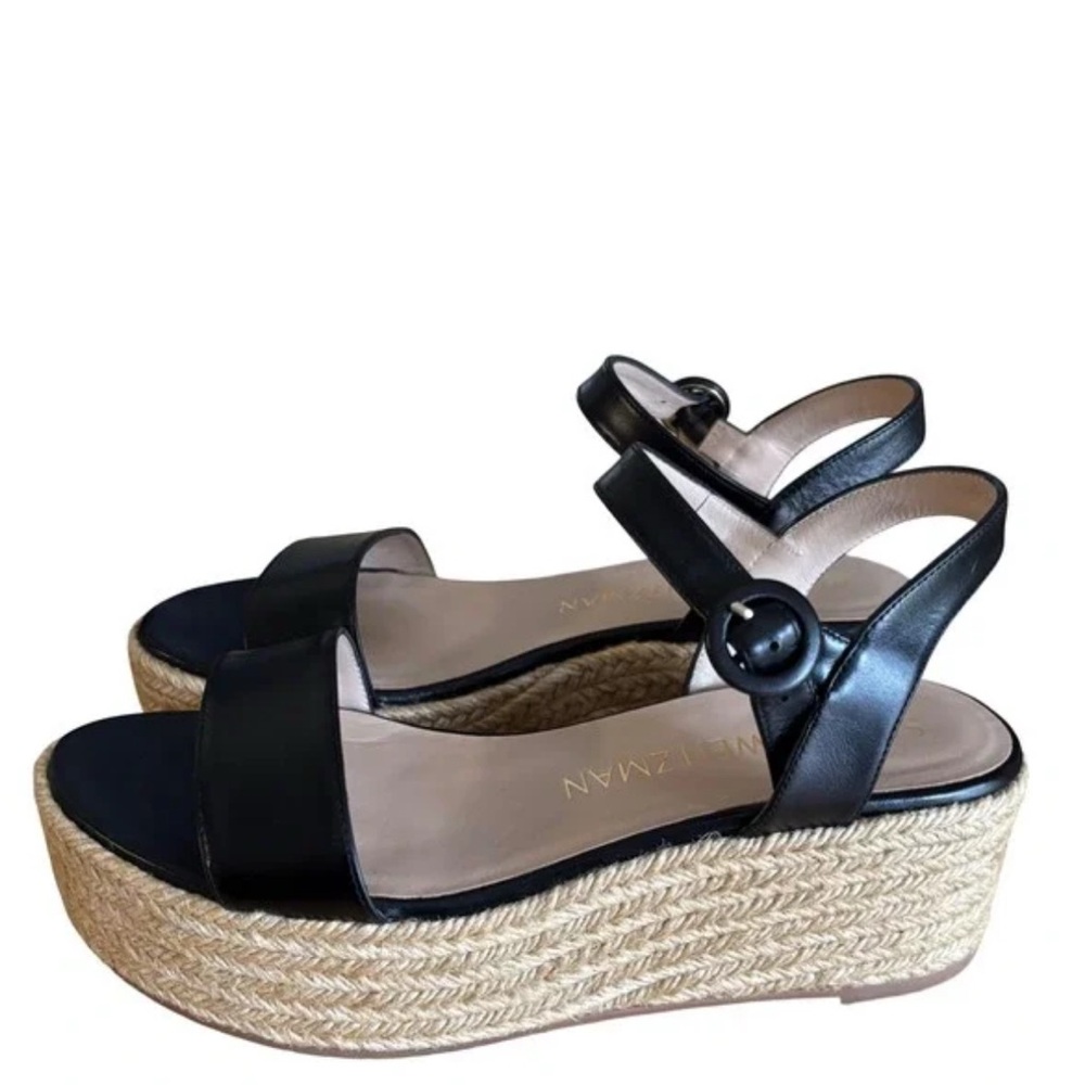 NWOT Stuart Weitzman black leather espadrille platform wedge sandals Size 8